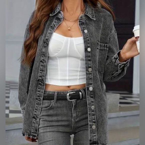 Jean jacket long grey M Tik :toc brand 🔥 grunge oversized - Picture 1 of 11